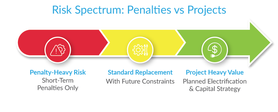 Risk spectrum diagram showing three stages from penalties to projects. A horizontal arrow progresses through three colored sections: Red section labeled 'Penalty-Heavy Risk' with warning icon shows 'Short-Term Penalties Only'; Yellow section labeled 'Standard Replacement' with gear icon shows 'With Future Constraints'; Green section labeled 'Project Heavy Value' with dollar sign icon shows 'Planned Electrification & Capital Strategy'. The diagram illustrates progression from high-risk penalty situations to value-added project planning.