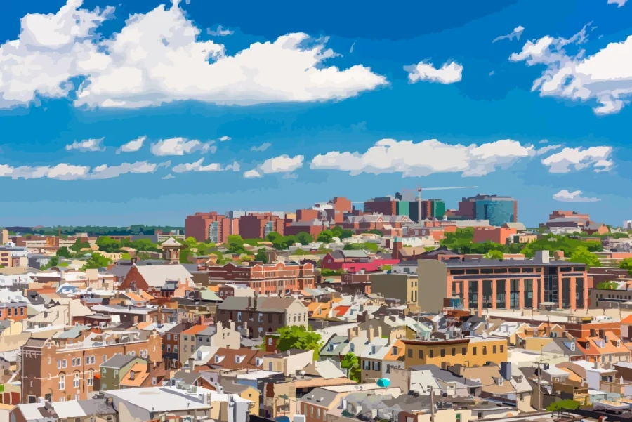 Illustration of a cityscape under a blue sky with scattered clouds, featuring dense buildings in the foreground and larger structures in the background.