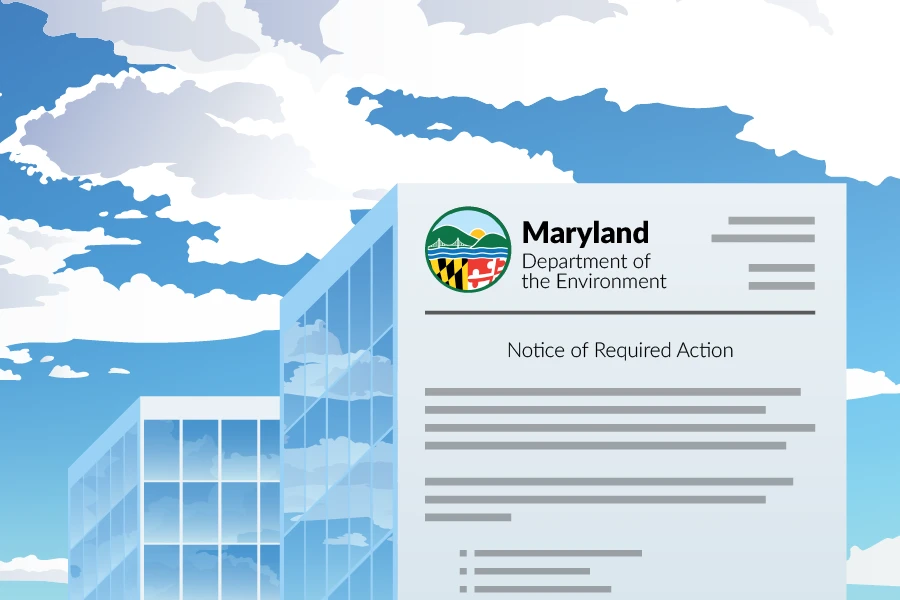 A document from the Maryland Department of the Environment titled "Notice of Required Action" appears in front of modern glass buildings under a partly cloudy sky.