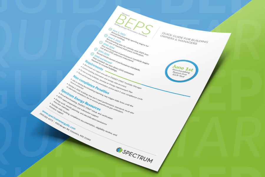 A flyer titled "BEPS Quick Guide for Building Owners & Managers" with key dates, requirements, penalties, and resources, branded with the Spectrum logo at the bottom.
